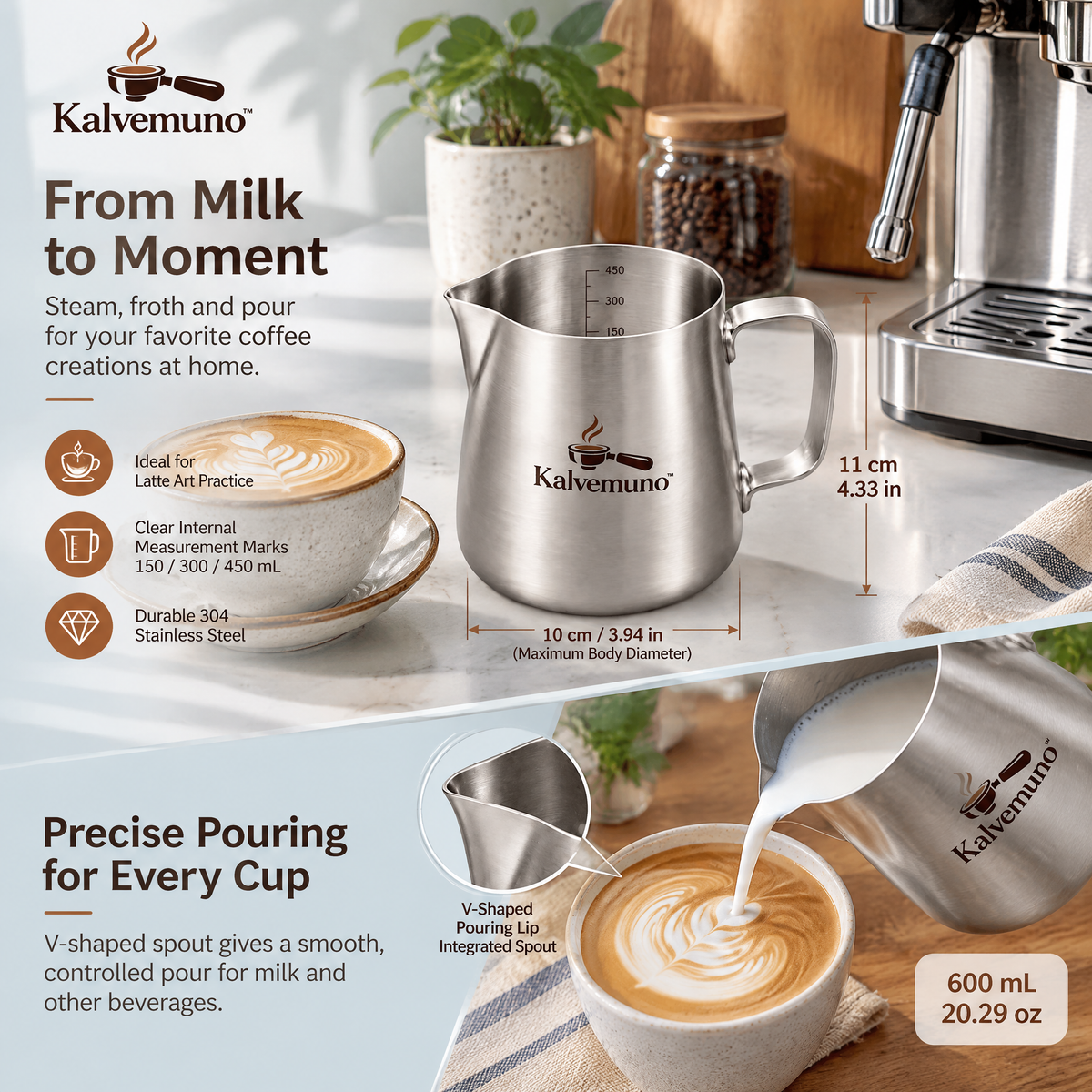 Kalvemuno™ – Stainless Steel Milk Frothing Pitcher